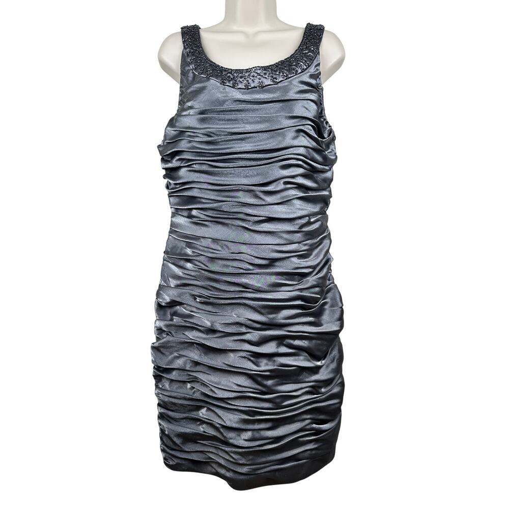 Vintage Cachet Ruched Cocktail Party Dress Beaded Y2K Metallic Gray 14 Wedding